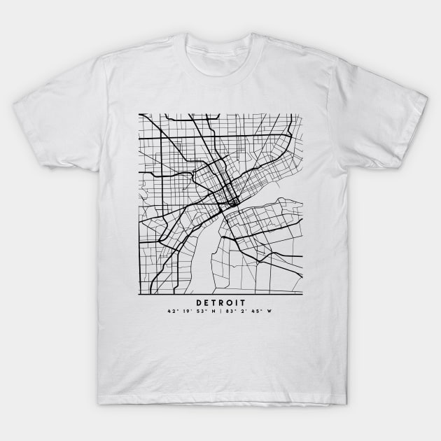 DETROIT MICHIGAN BLACK CITY STREET MAP ART T-Shirt by deificusArt